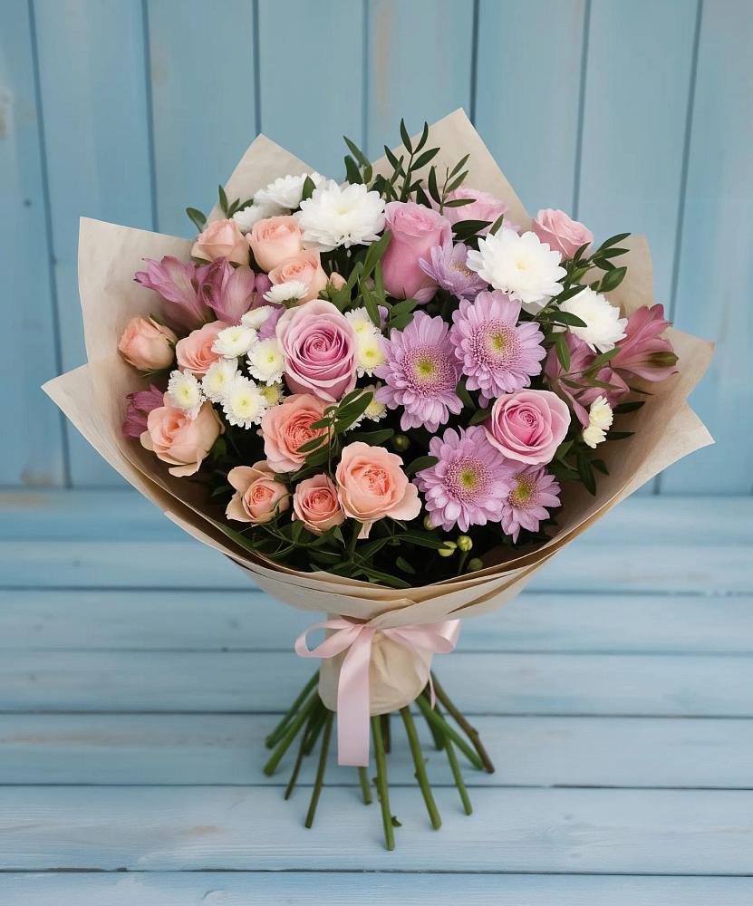 Букет цветов из: Хризантемы, Розы и Альстромерии в Сычево