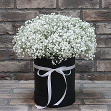 Цветочная композиция из Гипсофила в шляпной коробке в Сычево