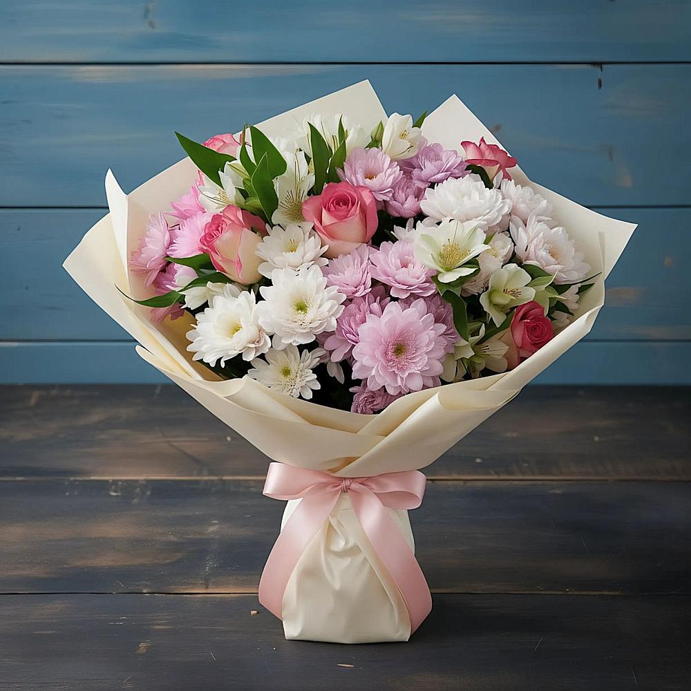 Букет цветов из: Хризантемы, Альстромерии и Розы в Сычево